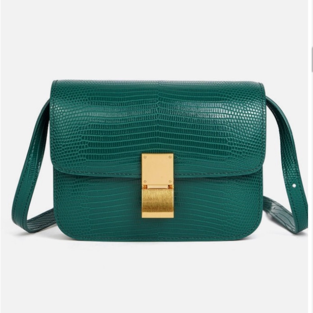Green Textured Leather Box Crossbody Bag